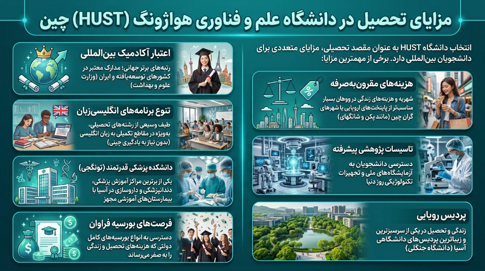 مزایای تحصیل  دانشگاه علم و تکنولوژی هواجونگ چین